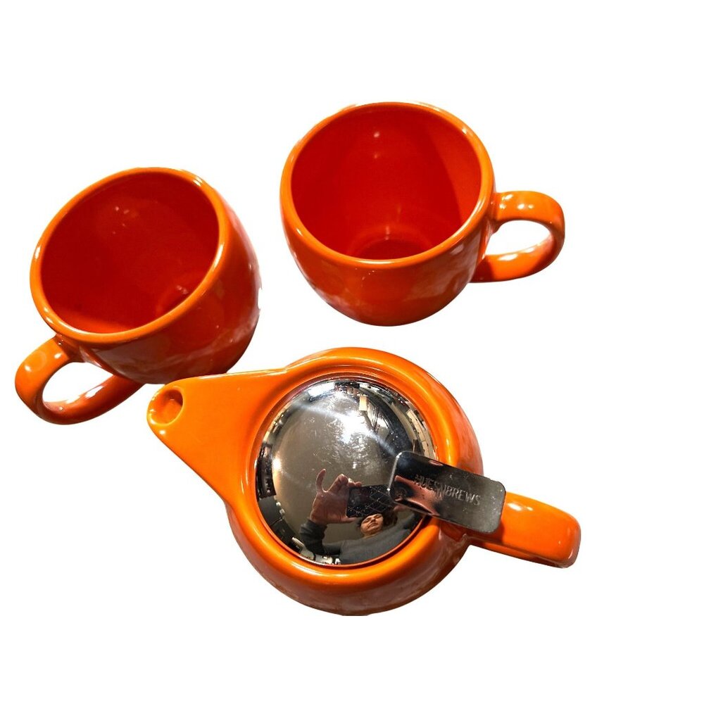 Hues N Brews Glazed Orange Ceramic Teapot Set Steel Lid 2 Matching Cups Service - Picture 4 of 7